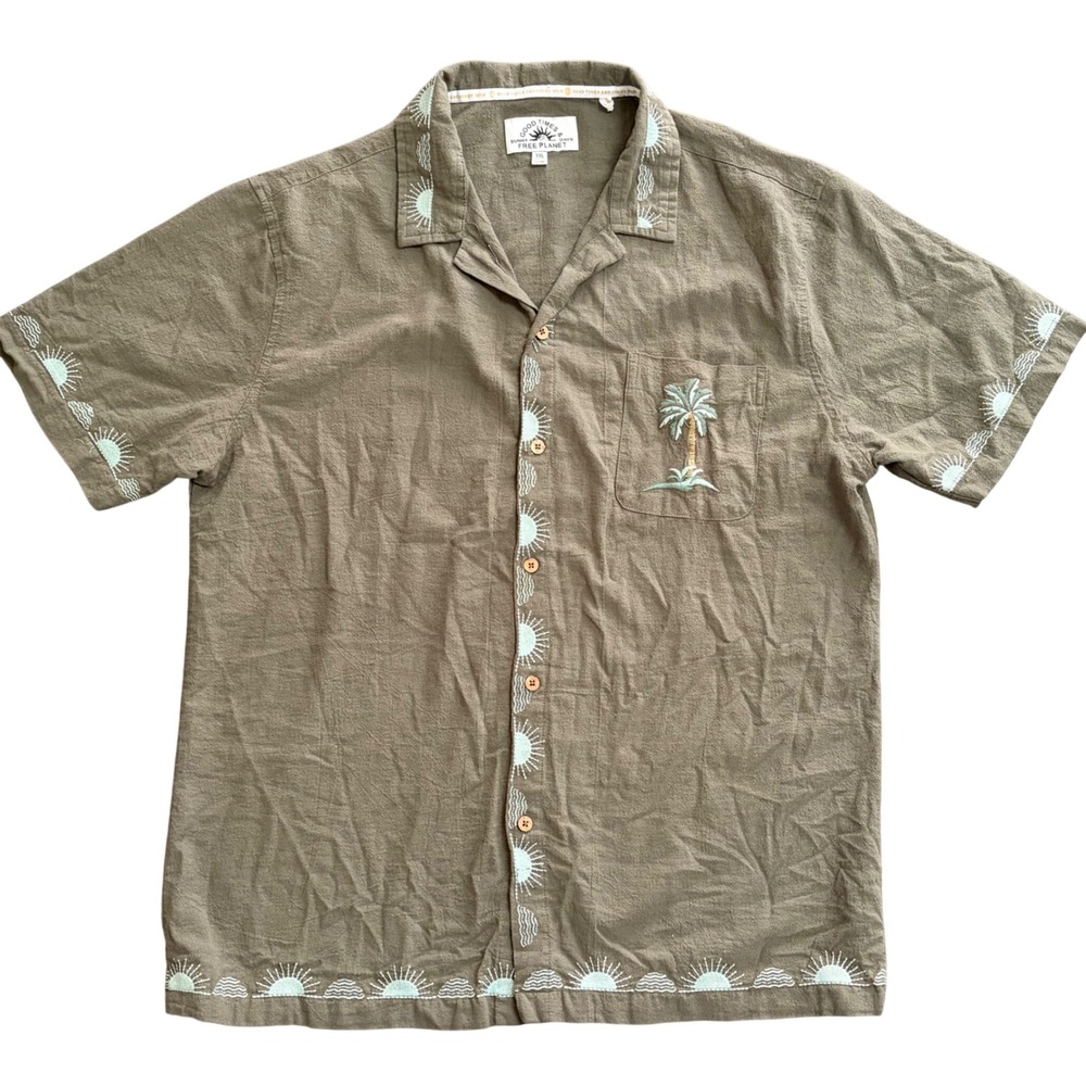Free Planet Mens‎ XXL Olive Green Cotton Linen Palm Tree Embroidered Camp Shirt